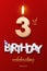 Burning Birthday candle in the form of number 3 figure and Happy Birthday celebrating text with party cane isolated on