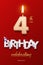 Burning Birthday candle in the form of number 4 figure and Happy Birthday celebrating text with party cane isolated on