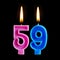 Burning birthday candles in the form of 59 fifty nine for cake isolated on black background.