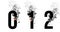 Burning black numbers 0, 1, 2. Smoke Font. Alphabet breaks down with small fire and smoke.