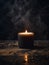 Burning black wax candle in dark magic atmospheric interior, front view candle mockup