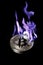 Burning in blue fire silver bitcoin isolated on black