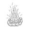 Burning bonfire with coals and sparks. Stone fireplace. Doodle style. Black and white vector illustration. The element is hand-