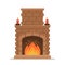 Burning Brick Fireplace with Fire. Classic Indoor Chimney in Traditional Style with Candles. Vintage Home Heating System