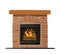 Burning Brick Fireplace with Fire Inside. Traditional Classic Chimney with Metal Stove and Grate. Home Heating System