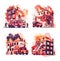 Burning building cartoon vector scenes. Fire fighting truck emergency city rescue service extinguishes multi storey