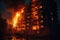 Burning building at night. Fire in the city. Burning building, Night fire. Apartment is burning, AI Generated