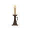 Burning candle in a candlestick, vintage candle holder vector Illustration on a white background