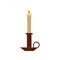 Burning candle in a candlestick, vintage copper candle holder vector Illustration on a white background