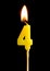 Burning candle in the form of four figures numbers, dates for cake isolated on black background.