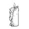 Burning candle in hand drawn sketch style. Retro vintage beeswax candle illustration.