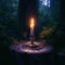 Burning candle illuminates eerie forest, embodying esoteric mystique