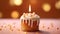 Burning candle illuminates sweet dessert, creating a warm celebration generated by AI