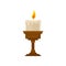 Burning candle with melting wax on a small bronze candlestick, vintage candle holder vector Illustration on a white