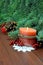 Burning candle, tree, berries. Christmas with grandmother in the