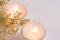 Burning candles in crystal cups on white background, delicate small beige spring flowers, top view, defocused