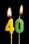 Burning candles in the form of forty figures numbers, dates for cake on black background. The concept of celebrating a