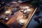 Burning candles, gingerbread and cookie cutters on a dark wooden tray, Christmas arrangement