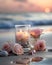 Burning candles and pink rose petals on a sandy beach at sunset. AI generated.