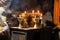 Burning candles at the RongPu Monastery, at the Everest Base Camp in Tibet