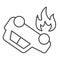 Burning car thin line icon. Overturned automobile with fire in fuel tank symbol, outline style pictogram on white