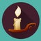 Burning cartoon candle in candlestick. Isolated