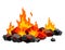 Burning coal. Realistic bright flame fire on coals heap. Closeup vector illustration for grill blaze fireplace, hot