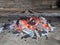 Burning coals, wood and ashes in the hot oven