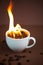 Burning coffee beans in a coffee cup