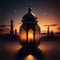 Burning decorated lantern against the background of the mosque tower at sunset. Lantern as a symbol of Ramadan for Muslims