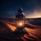 Burning decorated lantern in the desert on a mountain of sand at night. Lantern as a symbol of Ramadan for Muslims