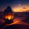 Burning decorated lantern in the desert on a mountain of sand at night. Lantern as a symbol of Ramadan for Muslims