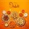 Burning diya with assorted sweet and snack on Happy Diwali Holiday background for light festival of India