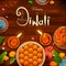 Burning diya with assorted sweet and snack on Happy Diwali Holiday background for light festival of India