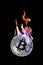 Burning in fire silver bitcoin isolated on black