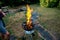 Burning fire, wood, coals for barbecue. Camping BBQ preparation