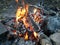 Burning firewood in a fire. Bright fire. Tongues of flame of orange color. Big stones - boulders around a campfire