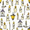 Burning floating candles seamless pattern. Hand-drawn candlestick