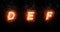 Burning font d, e, f, fire word text with flame and smoke on black background, concept of fire heat alphabet decoration