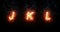Burning font j, k, l, fire word text with flame and smoke on black background, concept of fire heat alphabet decoration
