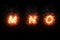 Burning font m, n, o, fire word text with flame and smoke on black background, concept of fire heat alphabet decoration