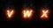 Burning font v, w, x, fire word text with flame and smoke on black background, concept of fire heat alphabet decoration