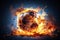 burning football soccer ball on fire is flying on dark background. Sport burn element concept