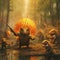 Burning forest, raining, capybara soldiers attacking armadillo army AI generative