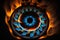 Burning gas burner in the form of a blue eye on a black background