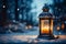 Burning Glowing lantern in winter snow Beautiful winter background