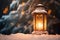 Burning Glowing lantern in winter snow Beautiful winter background