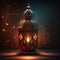 Burning gold decorated lantern on a red background. Lantern as a symbol of Ramadan for Muslims
