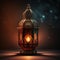 Burning gold decorated lantern on a red background. Lantern as a symbol of Ramadan for Muslims