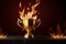 Burning gold trophy cup on dark background, flames around. Concept of success and effort, generative ai